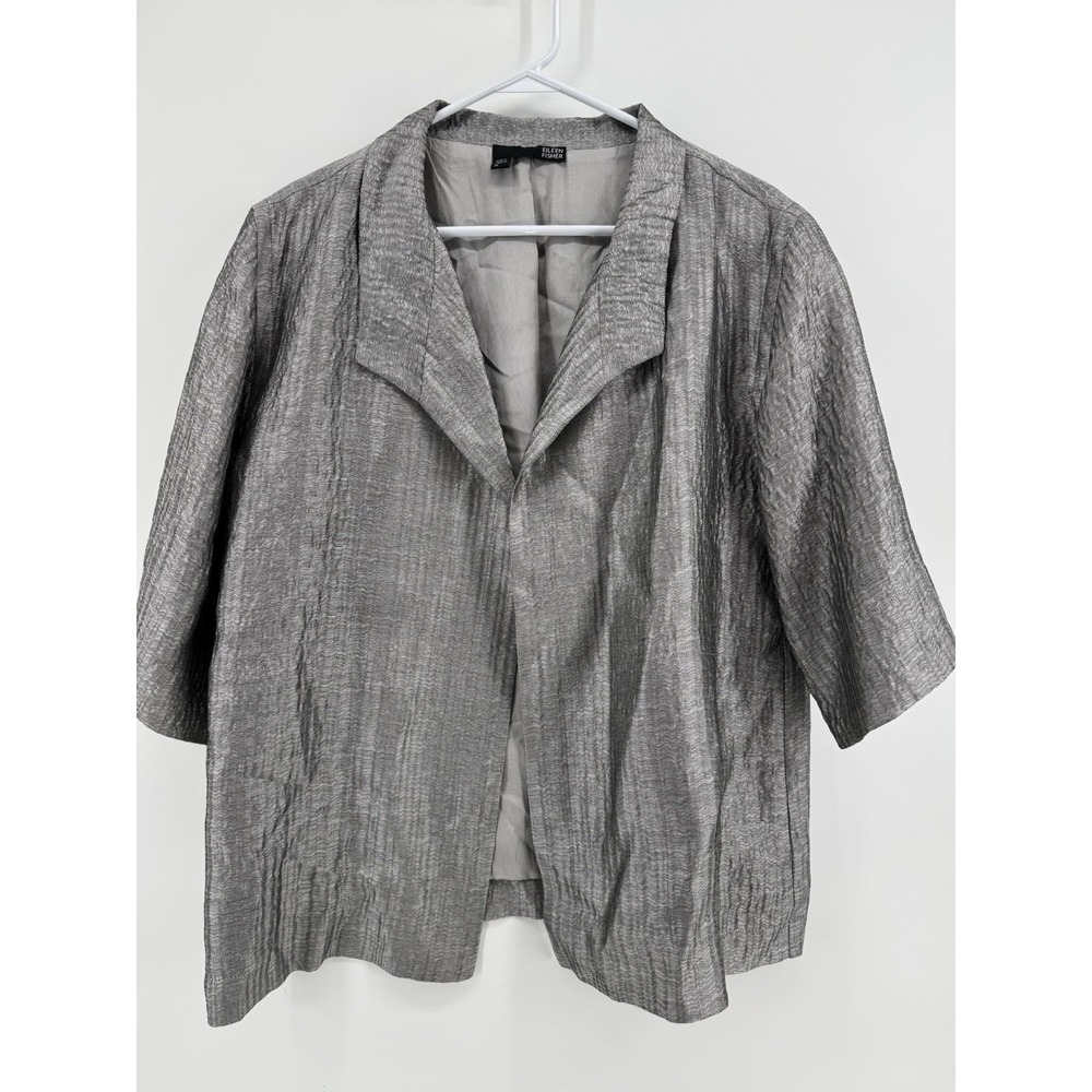 Eileen Fisher Textured Silk Open Front Blazer Jacket Silver Sz M